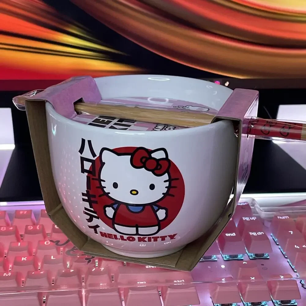 Hello Kitty Ramen Bowl Japanese Logo Ceramic Chopsticks 20oz Red Bow 2023 Sanrio